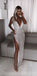 Deep V-neck Side-slit Sequin Mermaid Sparkly Silver Long Prom Dresses, PD1369
