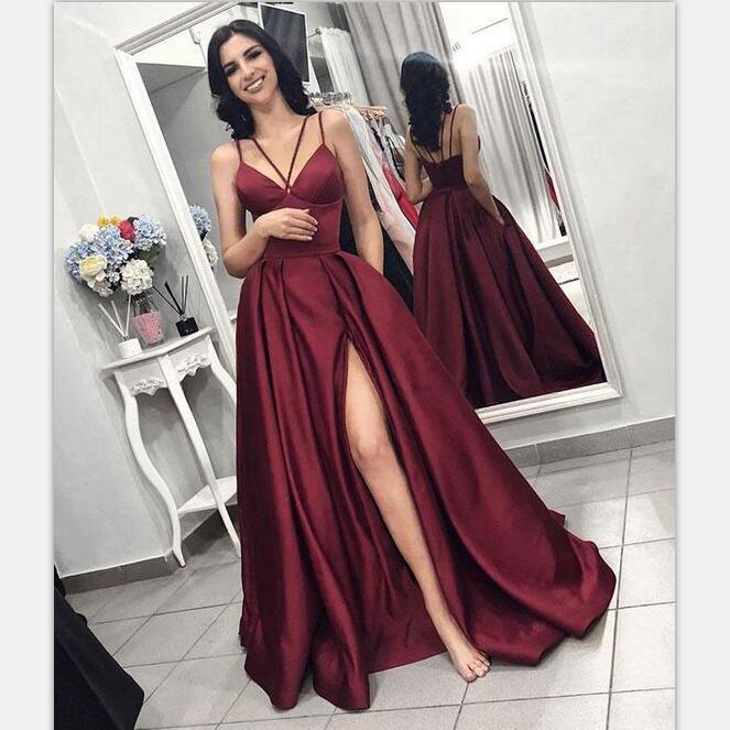 Elegant A-line Burgundy Simple Cheap Satin Prom Dresses, evening dresses, PD0996