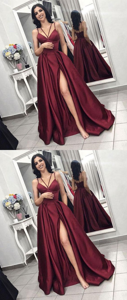 Elegant A-line Burgundy Simple Cheap Satin Prom Dresses, evening dresses, PD0996