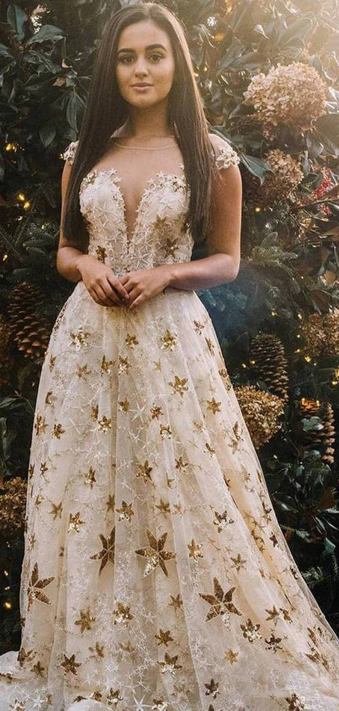 Gold Star V-neck Champagne V-neck A-line Long Prom Dress, PD00290