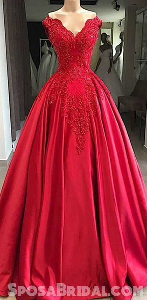 Gorgeous Red lace Satin Ball Gown,Modest High Quality Long Prom Dresses with beading,PD1290