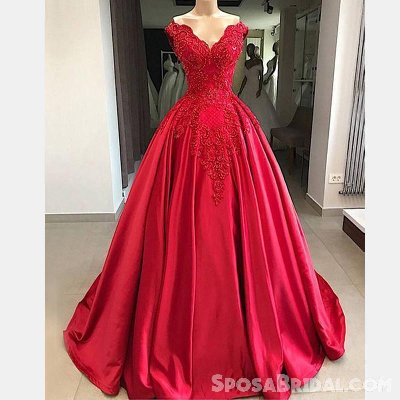 Gorgeous Red lace Satin Ball Gown,Modest High Quality Long Prom Dresses with beading,PD1290