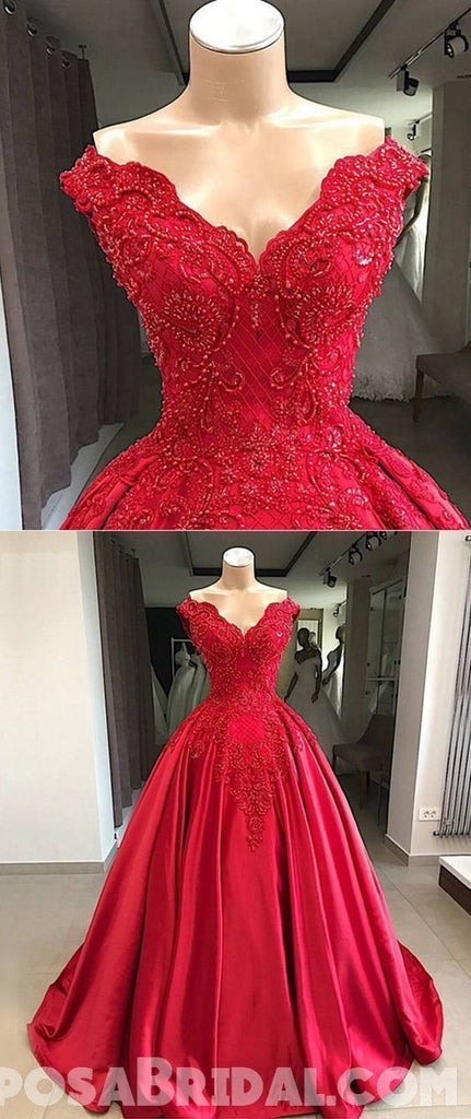 Gorgeous Red lace Satin Ball Gown,Modest High Quality Long Prom Dresses with beading,PD1290