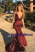 Spaghetti Straps Gorgeous Deep V Neck Mermaid Burgundy Long Prom Dresses with Cross Back, Sexy evening dress, PD0756