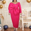 Off-shoulder Fuschia Bow Tie Long Sleeves Mermaid Tea-length Prom Dress, PD3327
