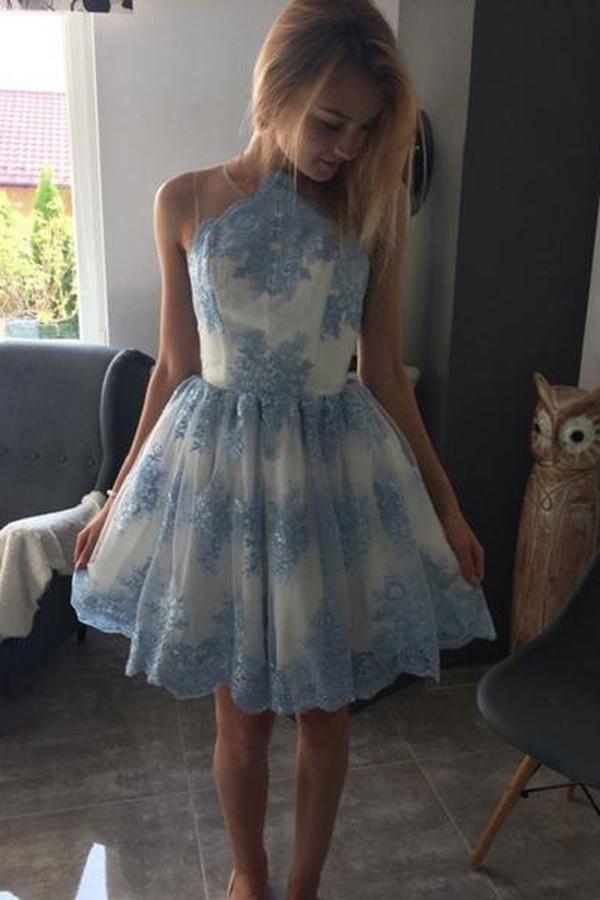 Blue Lace Scoop Neck See Through Cheap Homecoming Dresses 2018, CM414 - SposaBridal