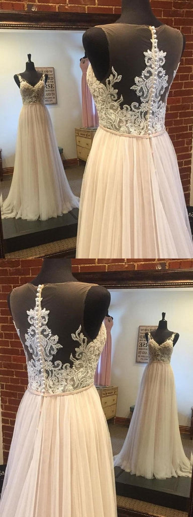 Lace V Neck See Through A-line Cheap Wedding Dresses Online, WD356