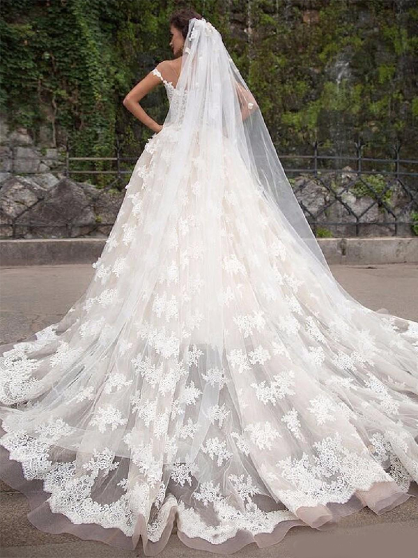 Luxury Vintage Lace Sweetheart Off-shoulder A-line Tulle Wedding Dress, WD3031