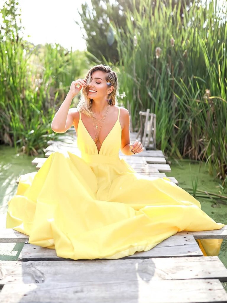 Light Pastel Yellow Sexy Spaghetti Straps V-neck Long Empire Prom Dresses, PD0951
