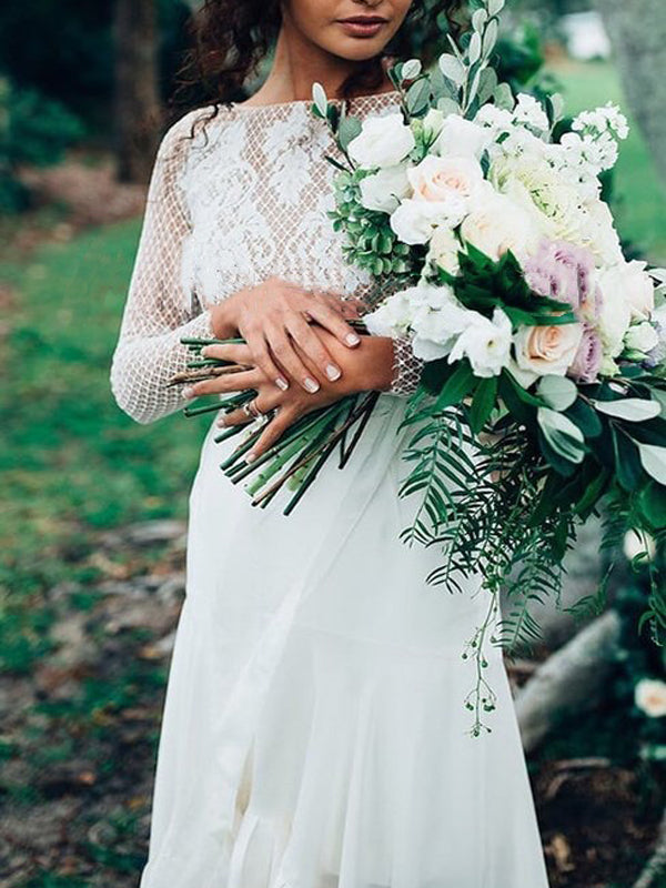 Long Sleeves Unique Rustic Trumpet Lace Beach Wedding Dresses, WD0577