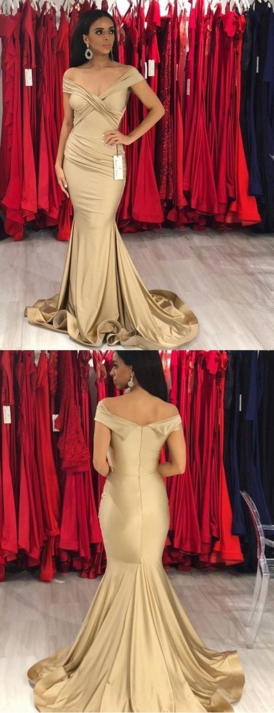 Long Mermaid Modest Elegant Unique Cheap Prom Dresses, Off Shoulder  Gold Bridesmaid Dresses ,PD1166