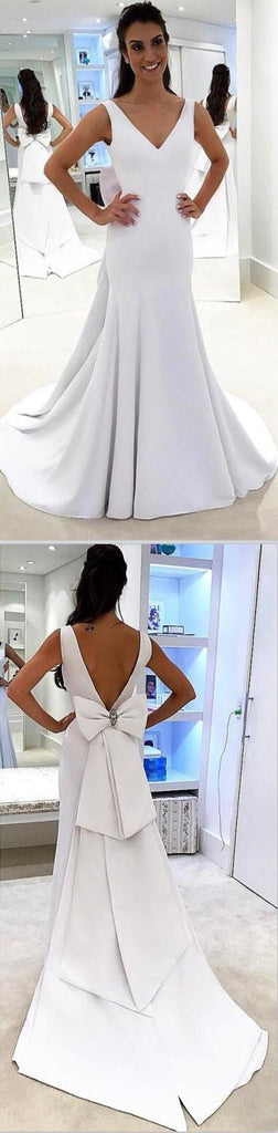 Long Satin Simple V-Neck  Glamorous Modest Wedding Dresses with bow,WD0350