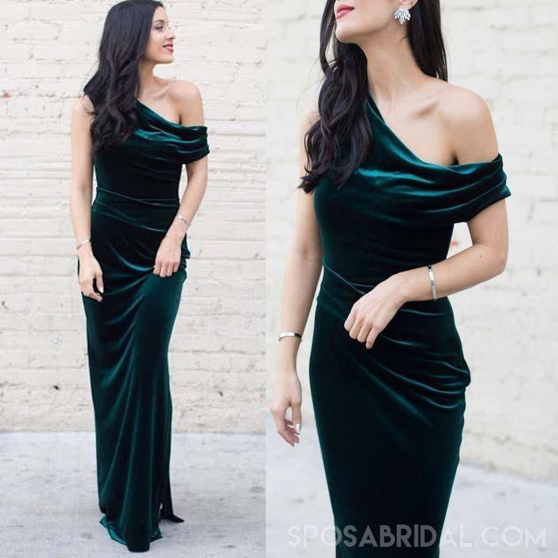 Long Sheath Emerald Green Velvet Mermaid Modest Prom Dresses, PD1170