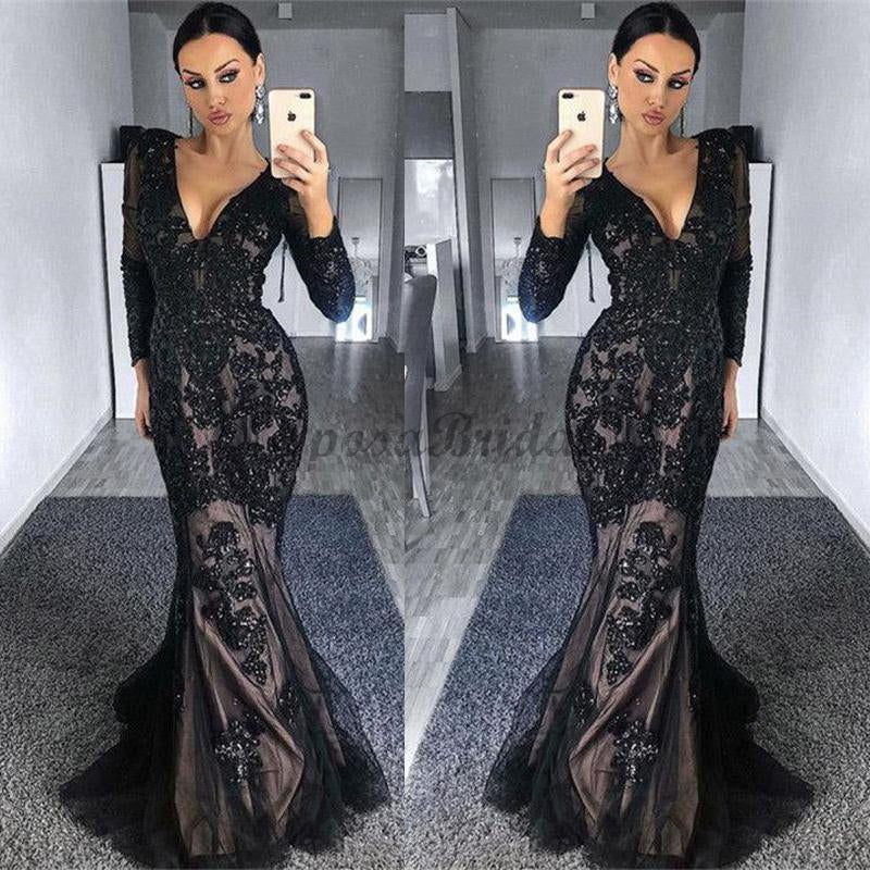 Long Sleeves Black Mermaid Modest Elegant High Quality Long Prom Dresses PD1439