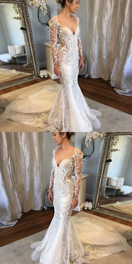 Long Sleeves Mermaid V-Neck Court Train Lace Unique Design Newest Long Wedding Dresses, WD0161
