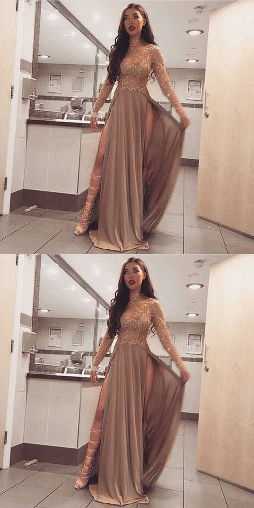 Long Sleeves Sparkly Stunning High Neck Modest Prom Dresses, PD0488