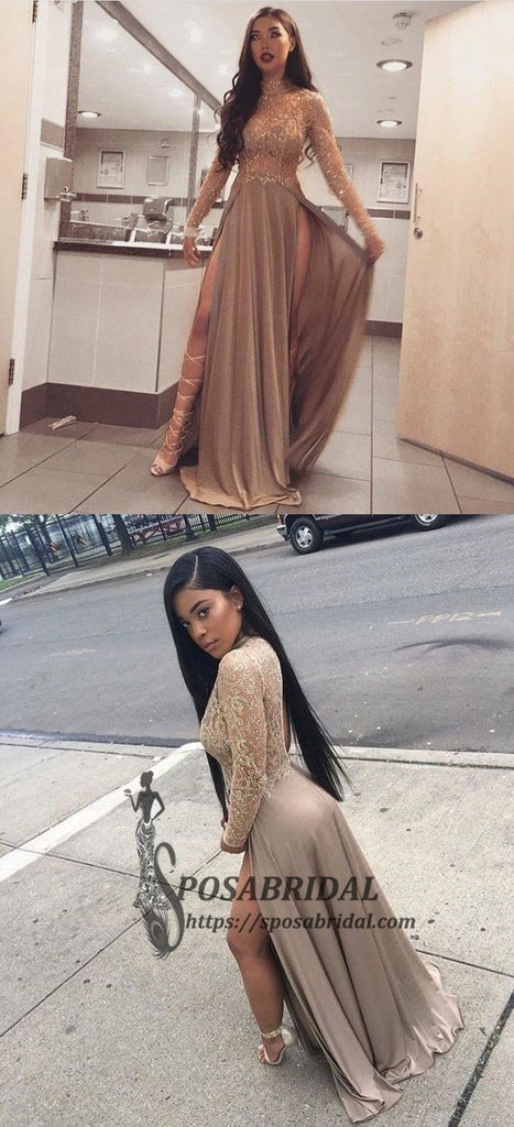 Long Sleeves Sparkly Stunning High Neck Modest Prom Dresses, PD0488