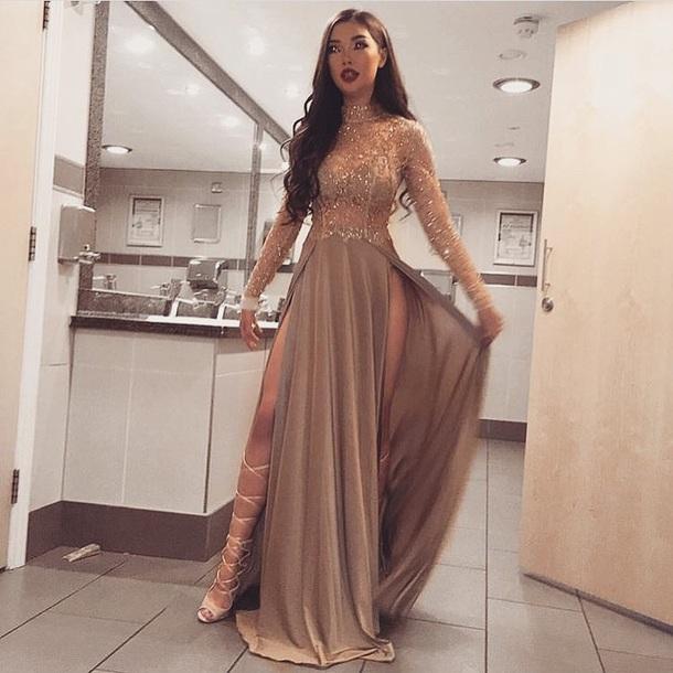 Long Sleeves Sparkly Stunning High Neck Modest Prom Dresses, PD0488