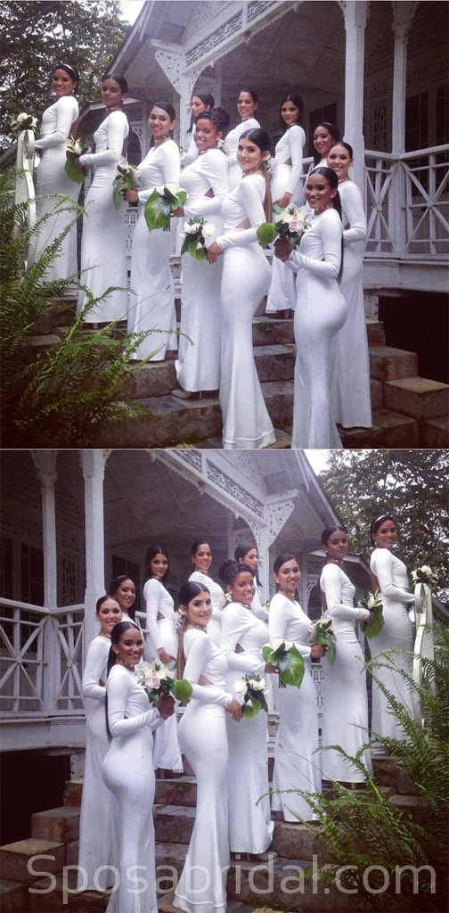 Long Sleeves White Unique Design Mermaid Elegant Bridesmaid Dresses, WG547
