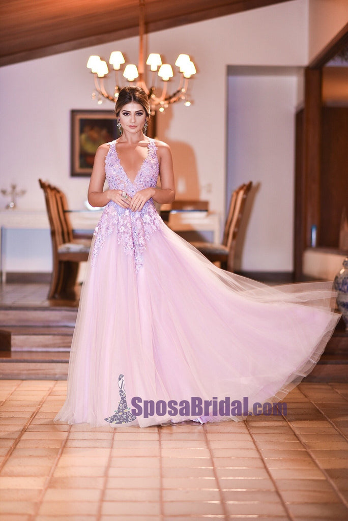 A-Line Open Back Lace V-Neck Tulle Formal Elegant Floor-Length Prom Dresses, Fashion Prom dress, PD0690 - SposaBridal