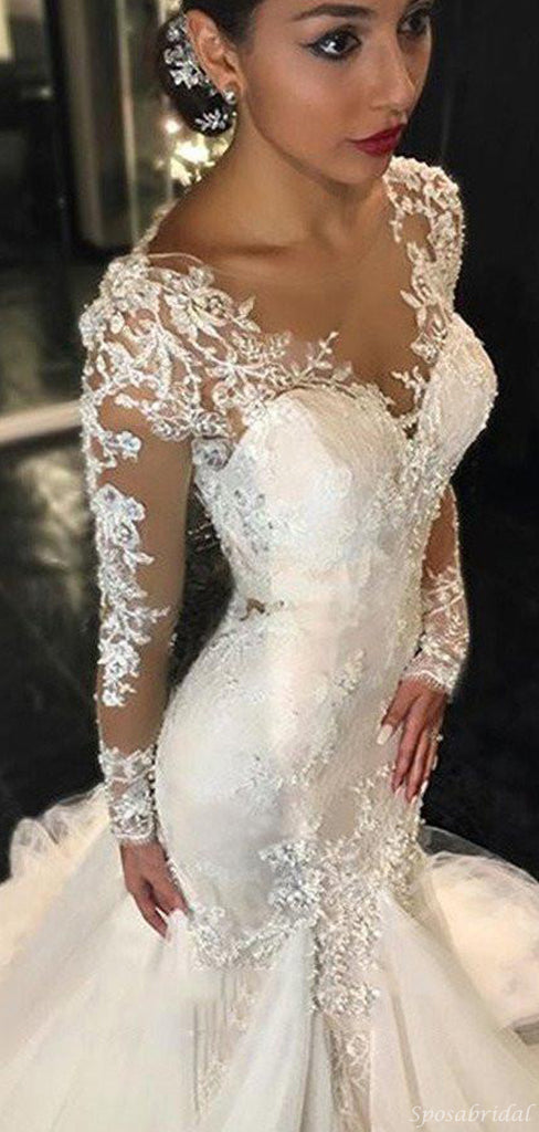Luxury Illusion Lace Long Sleeve Sexy Mermaid Boho Long Wedding Dresses, WD0198