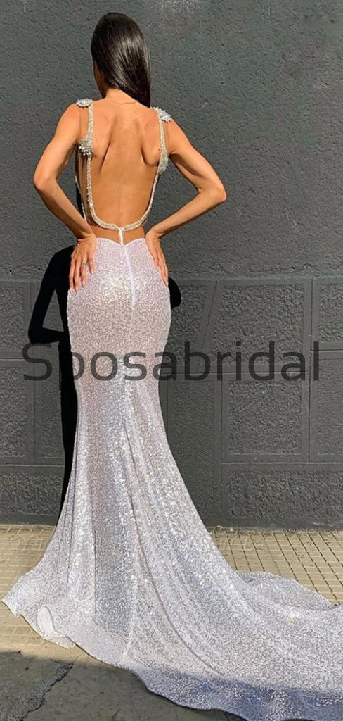 Mermaid Silver V-Neck Simple Modest Prom Dresses PD2269