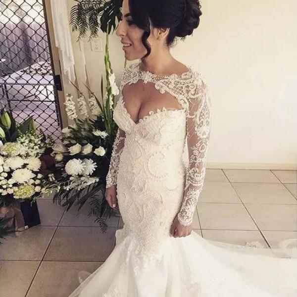 Elegant Popular Newest Mermaid Open Back Long Sleeves Tulle Wedding Dress with Lace and Pearls, WD0203