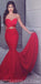 Mermaid Sweetheart Sweep Train Keyhole Cut Out Red Stretch Satin Prom Dresses, Elegant Evening Dress, PD1091