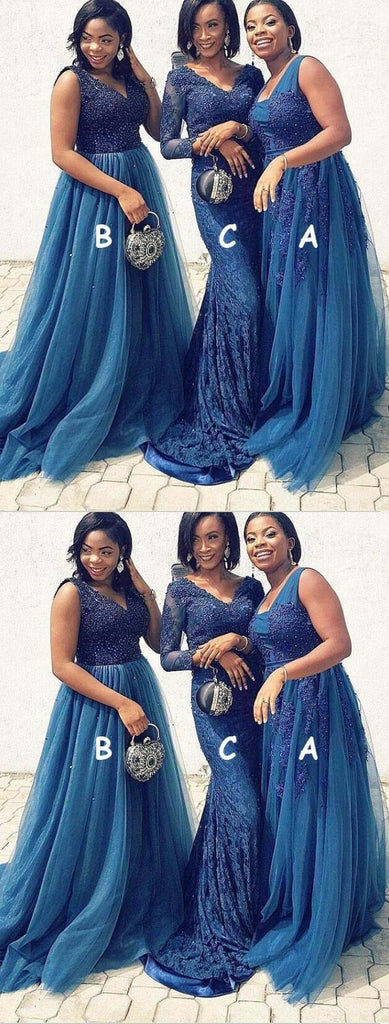 Mismatched Long Blue Elegant  Modest Bridesmaid Dresses with Appliques Beading ,WG392