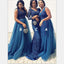 Mismatched Long Blue Elegant  Modest Bridesmaid Dresses with Appliques Beading ,WG392