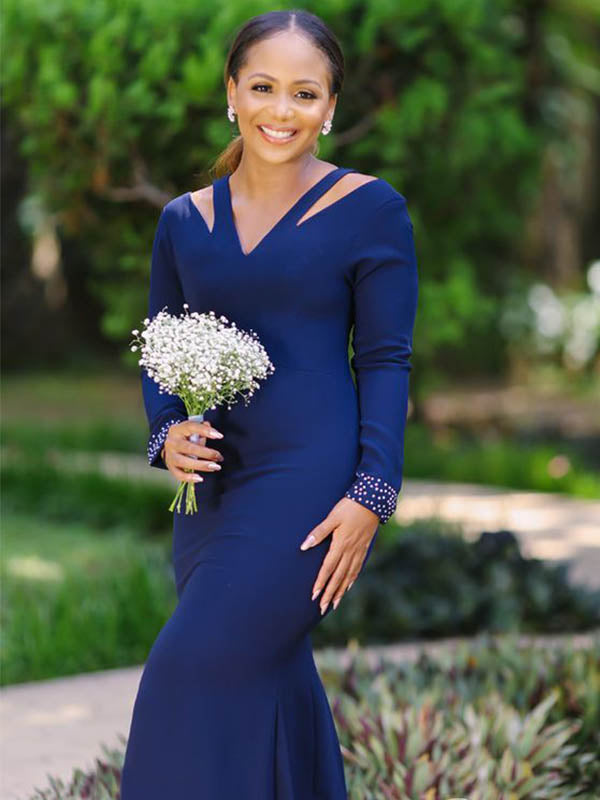 Mismatched Navy Blue Elegant Mermaid Floor-length Bridesmaid Dresses, BD3188