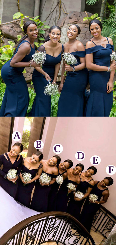 Mismatched Navy Blue Elegant Mermaid Floor-length Bridesmaid Dresses, BD3188