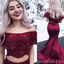 Modest Charming Eleagnt Two Piece Off the Shoulder Mermaid Burgundy Long Prom Dresses, PD1358