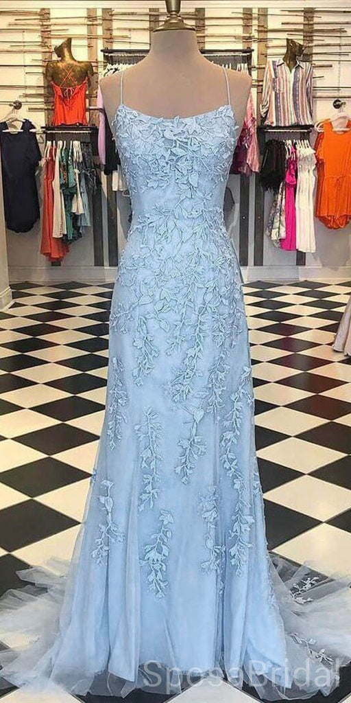 Spaghetti Strap Sky Blue Mermaid Long Prom Dresses, Backless Pageant Dress, PD1271