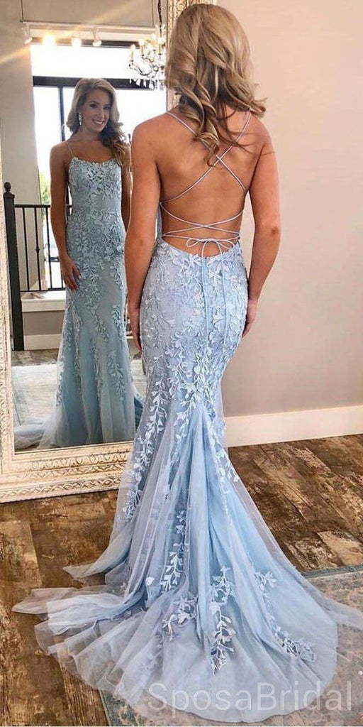 Spaghetti Strap Sky Blue Mermaid Long Prom Dresses, Backless Pageant Dress, PD1271