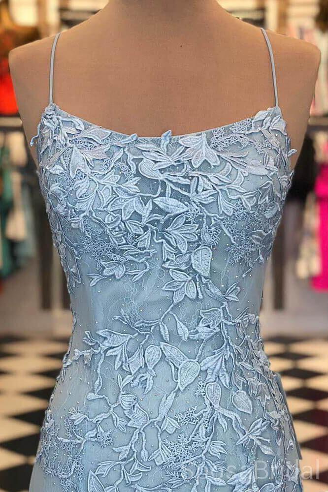 Spaghetti Strap Sky Blue Mermaid Long Prom Dresses, Backless Pageant Dress, PD1271