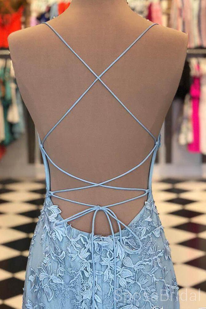 Spaghetti Strap Sky Blue Mermaid Long Prom Dresses, Backless Pageant Dress, PD1271