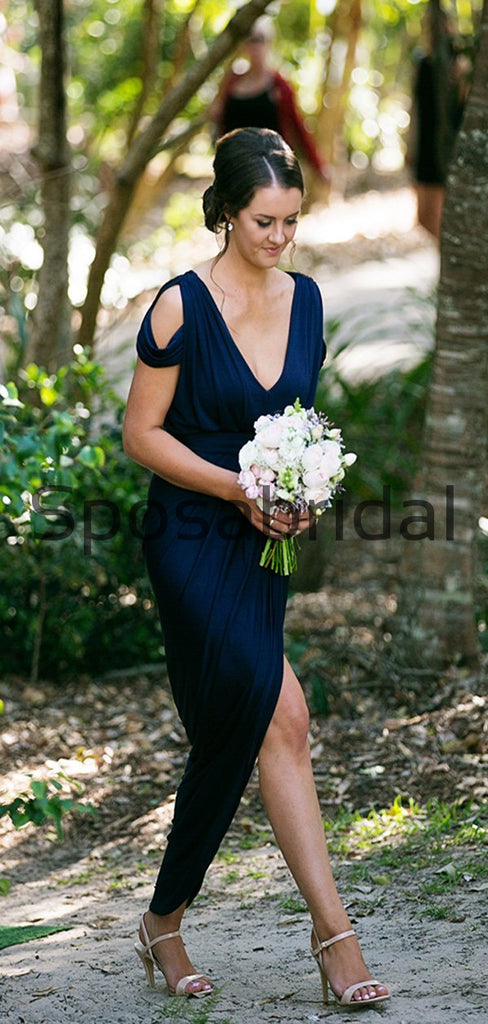 Elegant Dark Navy Blue Side-slit Mermaid Long Bridesmaid Dresses, WG823