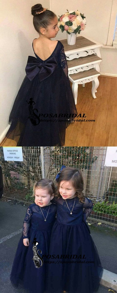 Navy Blue Top Lace Tulle Long Sleeves V-Back Soft Discount Custom Flower Girl Dresses with bow , FG129