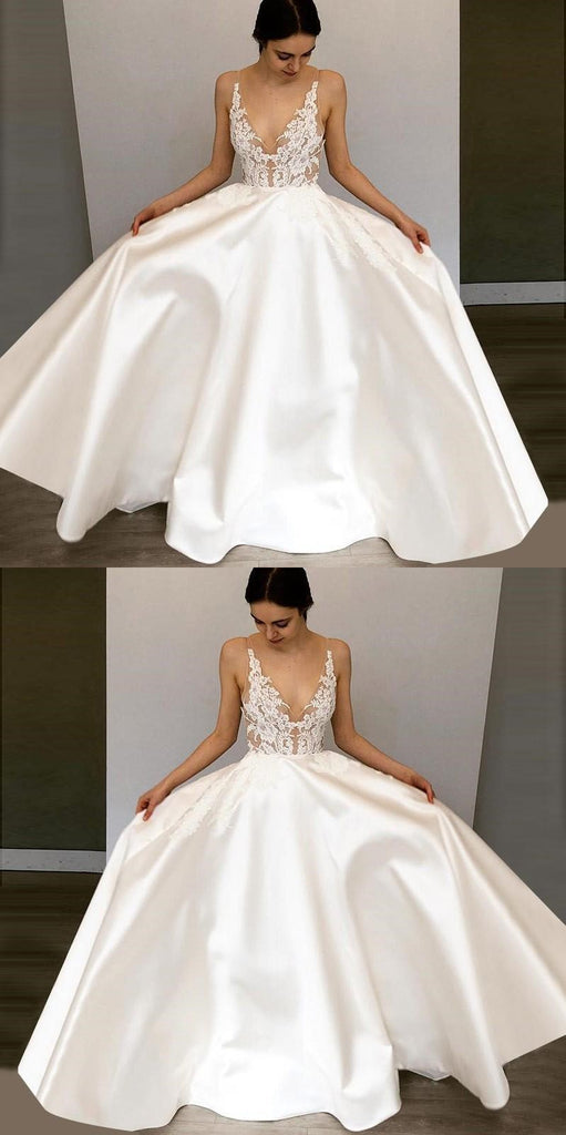 New Arrival High Qulaity A-Line Deep V-Neck  Satin Beach Wedding Dress with Appliques, WD0154