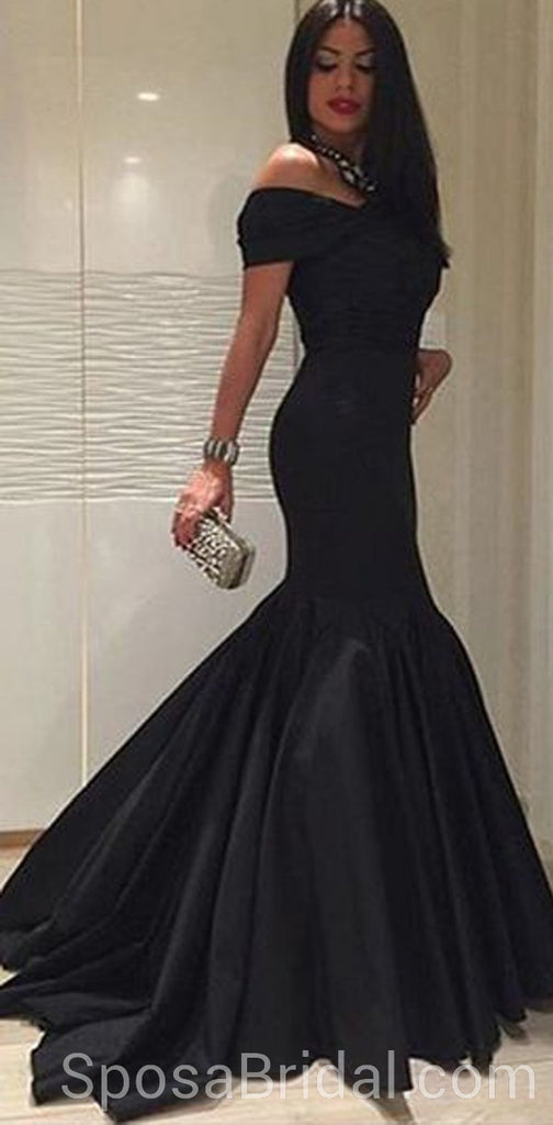 Off the Shoulder Mermaid Black Long Sexy Modest Simple Long Prom Dresses, PD1297