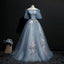 Elegant Blue Victorian Style Lace A-line Pleats Long Tulle Prom Dress, PD00076