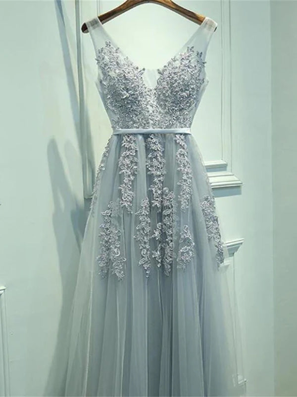 Cheap V-neck Dusty Blue Grey Lace Tulle A-line Long Prom Dress, PD0324