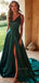 A-line Cheap Dark Green Side Slit Spaghetti Straps Simple Long Prom Dresses PD1512