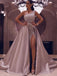 Sparkly Blush Pink Silver One-shoulder Side-slit A-line Long Prom Dresses, Ball Gown, PD1541