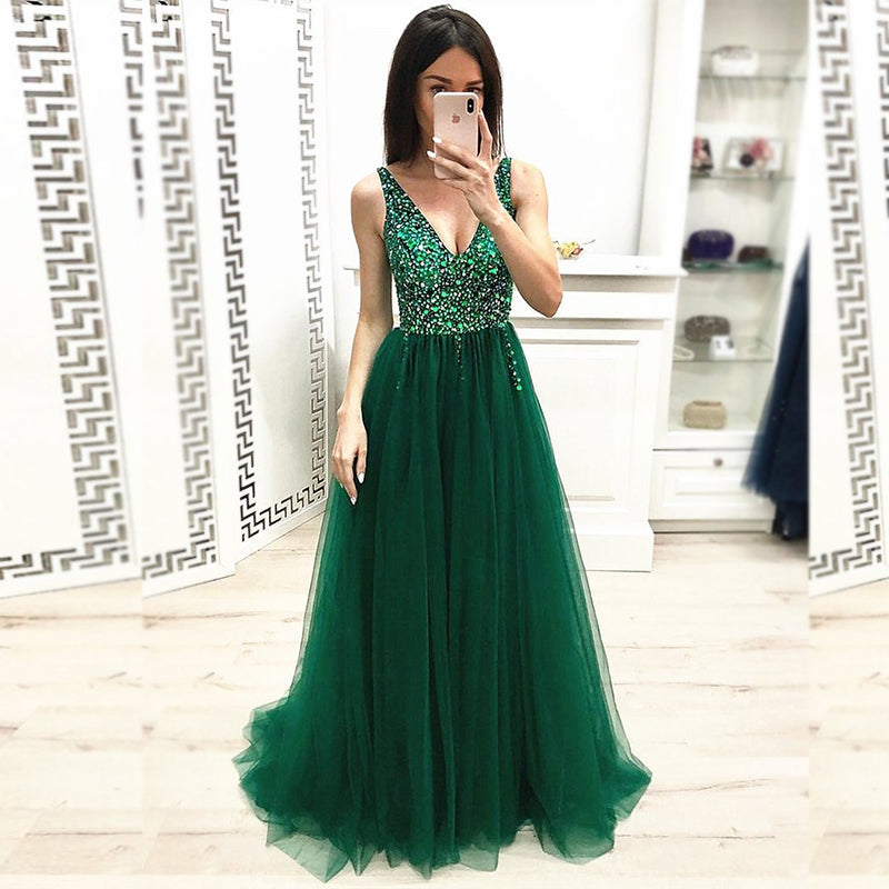 Charming A-line V-Neck Tulle Sequin Sparkly Elegant Prom Dresses, PD1778
