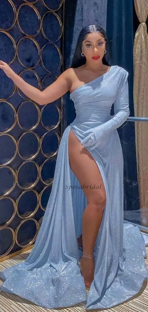 Blue One Shoulder High Slit Stunning Fashion Prom Dresses, Party Gown PD2302