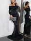 Sparkly Black Off-shoulder Long Sleeves Mermaid Floor-length Prom Dress, PD3182