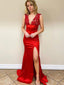 Sexy V-neck Red Sleeveless Mermaid Open-back Side-slit Long Prom Dress, PD3191