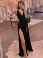 Sexy Black V-neck Open Back Double Side-slit Long Prom Dress, PD3195